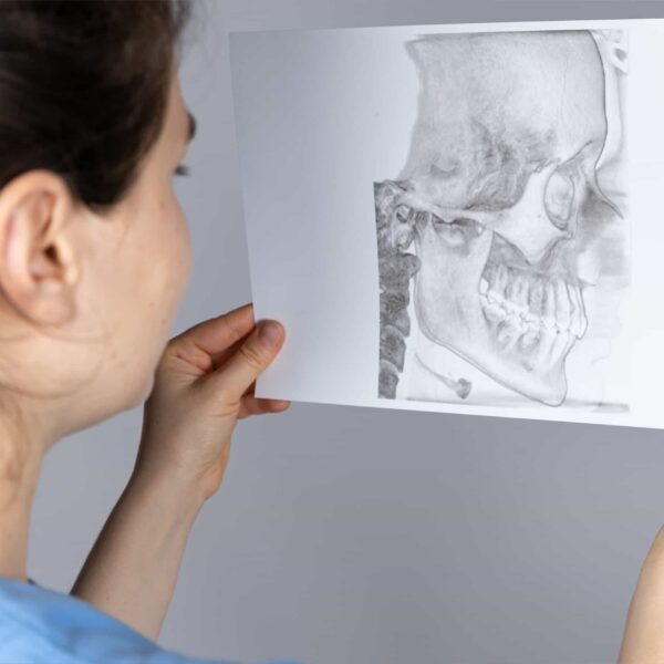 A woman looking at a CT scan of a temporomandibular joint.